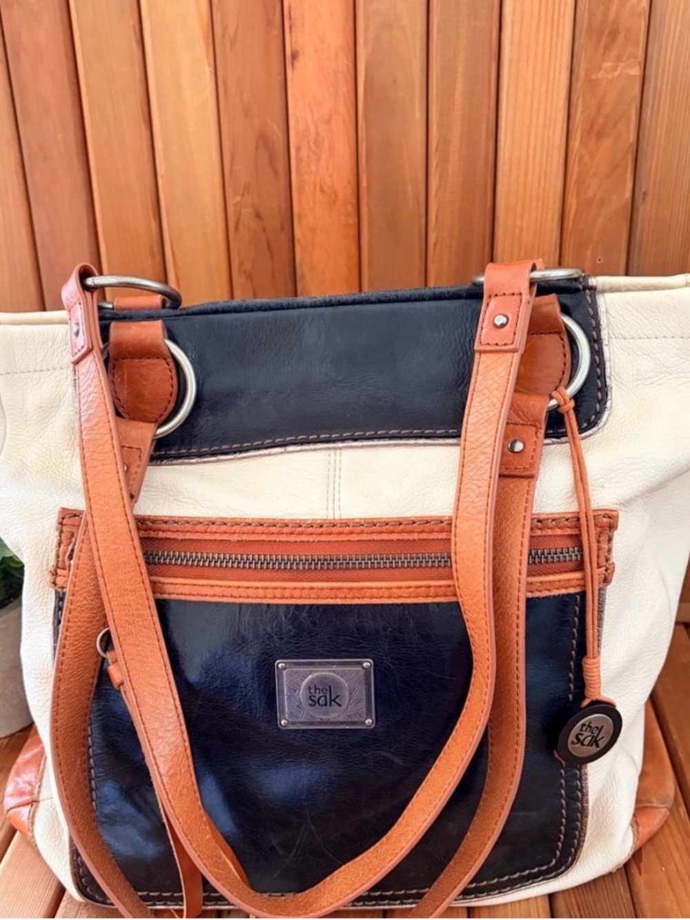 The Sak Colorblock Leather Tote Shoulder Bag Cream Brown Navy Work - Picture 4 of 10